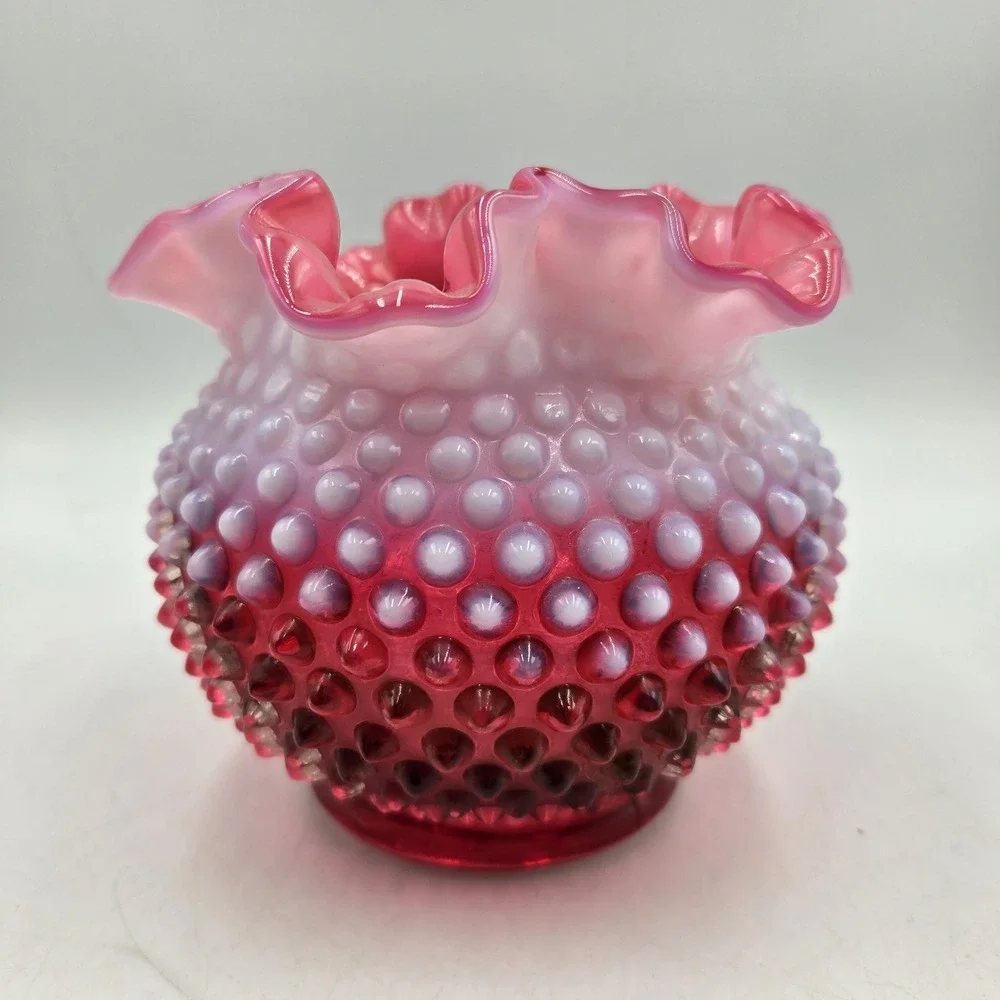 Fenton Cranberry Opalescent Hobnail Glass Vase Rose Bowl Ruffle Crimped Vintage